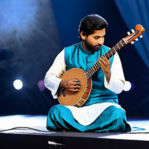 Home 7 **
A professional musician, fully clothed in a modest kurta and pajama, playing a sitar on a stage during a concert. Stage lights illuminate the musician. Background shows a respectful audience enjoying the performance. Perfect anatomy, correct proportions, natural pose, well-formed hands, proper finger count, natural body proportions. Safe for work, appropriate content, fully clothed, professional.
**