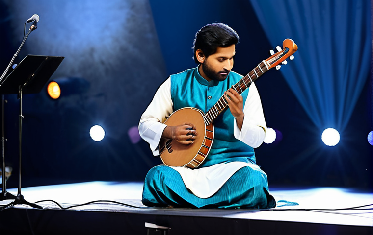 **
A professional musician, fully clothed in a modest kurta and pajama, playing a sitar on a stage during a concert. Stage lights illuminate the musician. Background shows a respectful audience enjoying the performance. Perfect anatomy, correct proportions, natural pose, well-formed hands, proper finger count, natural body proportions. Safe for work, appropriate content, fully clothed, professional.
**