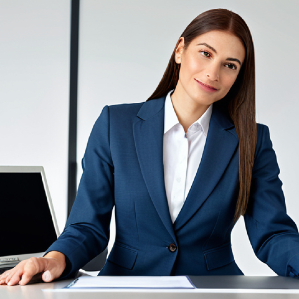 **

A professional businesswoman in a modest business suit, sitting at a desk in a modern office, fully clothed, appropriate attire, safe for work, perfect anatomy, natural proportions, professional photography, high quality.

**