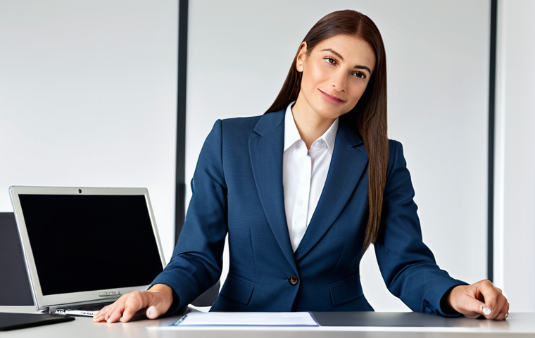 **

A professional businesswoman in a modest business suit, sitting at a desk in a modern office, fully clothed, appropriate attire, safe for work, perfect anatomy, natural proportions, professional photography, high quality.

**