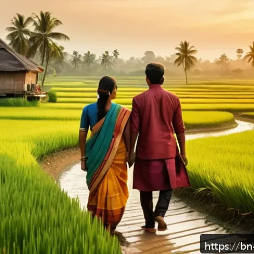 위상수학과 호모토피 - A vibrant and detailed illustration of two friends walking along a winding path in a lush Bengali co...